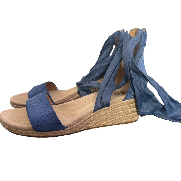 UGG Trina Wedge Espadrille Ankle Wrap Tie Up Sandals Size 10 Blue Suede BOHO - Picture 3 of 12